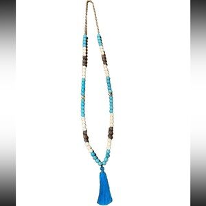 Blue and White Beaded Necklace with Tassel